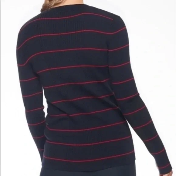 Athleta Women’s Bayside Striped Sweater Sz Medium Navy Red Merino wool blend G95 - Picture 2 of 5